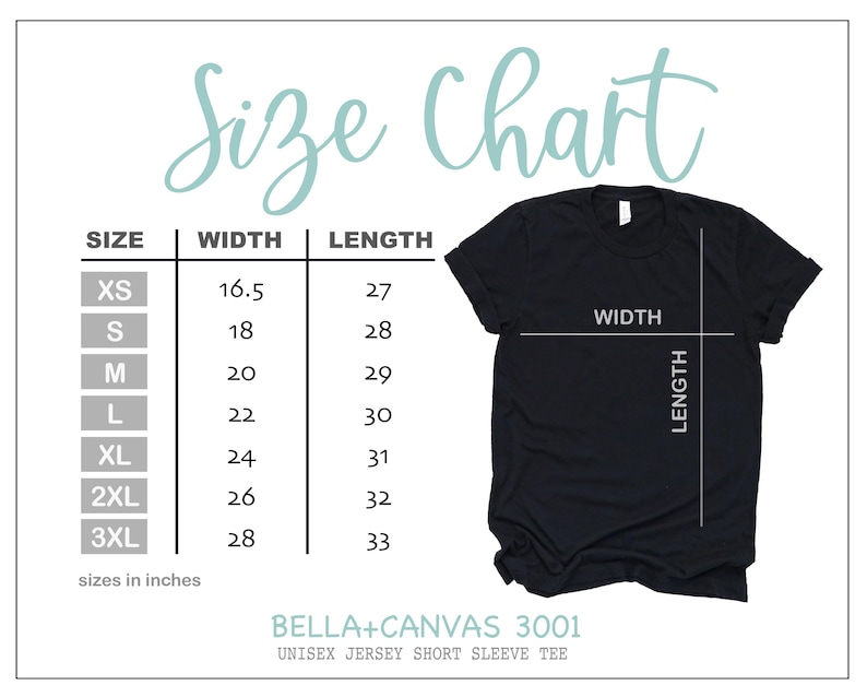 Pode incluir: Uma camiseta preta unissex de manga curta com uma tabela de tamanhos. A tabela mostra os tamanhos XS a 3XL com as medidas de largura e comprimento correspondentes em polegadas. A camiseta &eacute; rotulada como BELLA+CANVAS 3001.