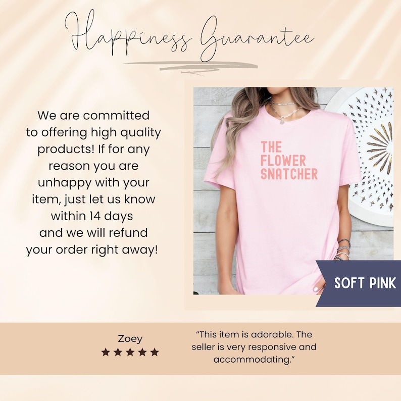Pode incluir: Uma t-shirt rosa claro com o texto "THE FLOWER SNATCHER" em rosa mais claro. A t-shirt &eacute; exibida numa pessoa. A imagem tamb&eacute;m inclui texto sobre uma garantia de felicidade e uma avalia&ccedil;&atilde;o do cliente.