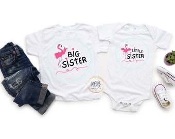 Big Sister Little Sister Set, Flamingo Big Sister Graphic T Shirt Little Sister Matching Set, Sisters matching tshirt and bodysuit