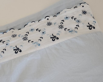 Vintage flat sheet for children's bed / light blue baby bed, navy and sky blue embroidery 110 X 170 cm