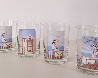 1920 - set of 4 water/juice glasses decorated with a woman in a hat resting