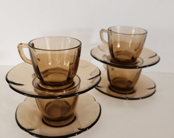 Verre fumé Duralex - Ensemble 4 tasses à café et soucoupes en forme de fleur en verre fumé