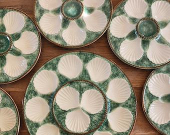Dish and Plates for oysters / shellfish Longchamp Green and white Majolica
