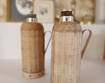 Bottle with glass handle and vintage insulated wicker