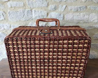 Grande malle à pique nique champètre / panier en osier vintage intérieur vichy bleu avec sangles cuir