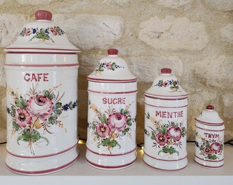 Grand format ! Ensemble de 4 pots à épices en céramique peints à la main décor fleuri dans les tons rose bleu jaune et vert