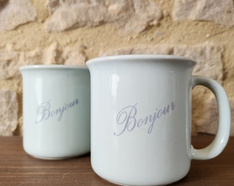 Duo de Mugs vintage "Bonjour" en céramique bleue made in Italy