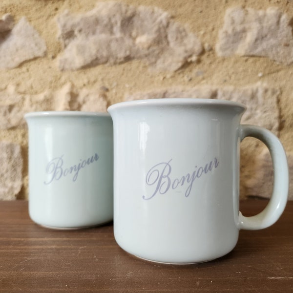 Duo de Mugs vintage "Bonjour" en céramique bleue made in Italy