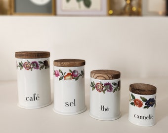 Porcelaine de Paris Set of 4 French porcelain spice jars and wooden lids - Coffee, Salt, Tea, Cinnamon - 4 seasons decor