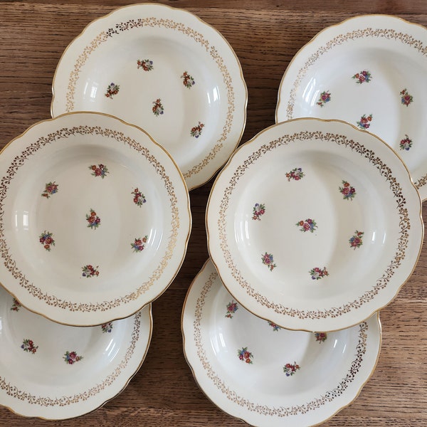 Digoin Sarreguemines - Ensemble de 6 assiettes creuses dorées et fleuries modèle Tourville véritable opaque Made in France