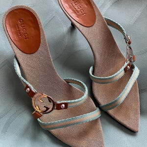 Vintage Gucci Heels Strappy Baby Blue Beige Silver GG Logo Tom Ford Era Designer Luxury y2k 2000s Women&#39;s EU Shoe Size 35C