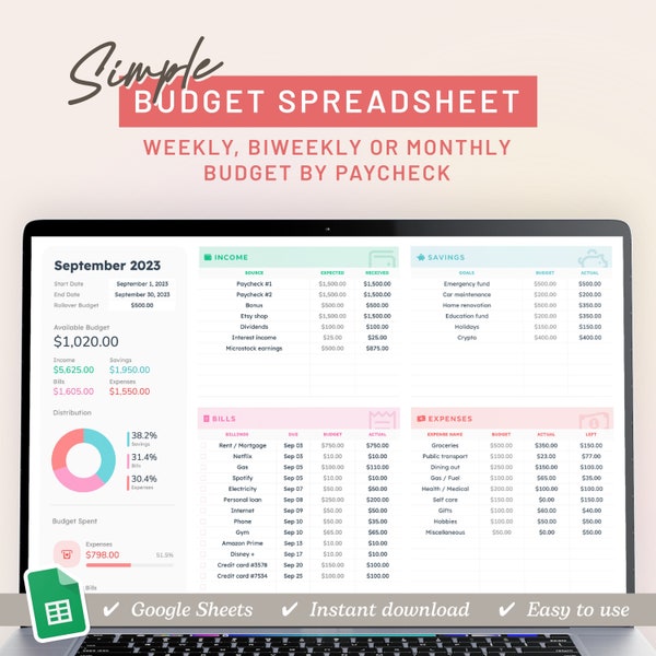 Paycheck Budget Planner Budget Spreadsheet Google Sheets Budget by Paycheck Weekly Budget Bill & Expense Tracker Savings Goal Tracker