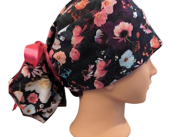 black and pink floral scrub cap