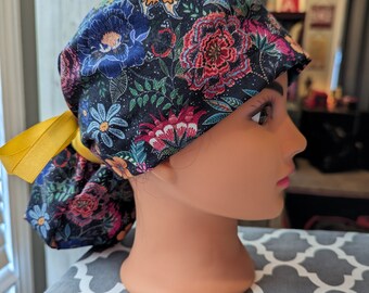 Floral ponytail scrub cap
