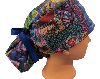 beauty and the beast stained glass ponytail scrub cap