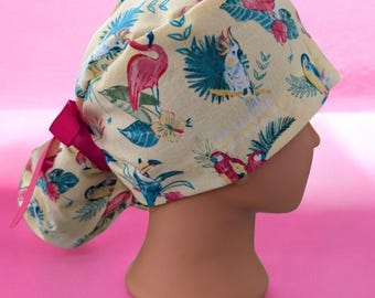 tropical birds ponytail scrub cap