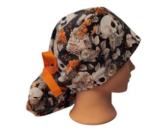 orange skull ponytail scrub cap