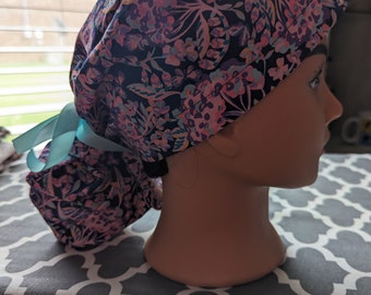 Purple flowers pony tail scrub cap