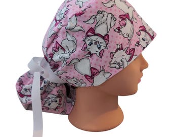 White kitten ponytail scrub cap