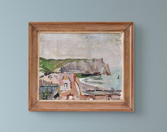 Peinture de la côte française - Etretat - Peinture à l'huile moderniste - artiste suédois - excellent cadeau pour amateur d'art - Dessin au trait côte