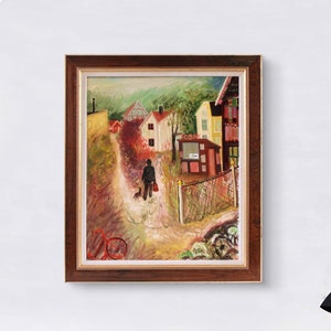 Swedish Oil Painting - figurative - City Street Figure walking with dog - home decoration - Large Framed artwork - art gift
