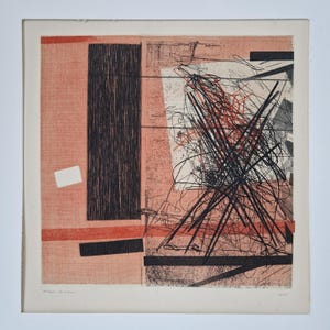 May include: Abstract art print with a geometric design. The artwork features a textured peach background with black and red lines, rectangles, and a white square. The composition includes a large vertical black rectangle and scribbled lines.