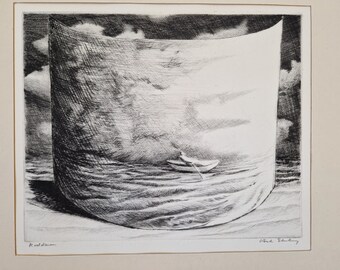 Original Etching etching Surrealism, poetic, philosophical, - rowing boat - Ocean - with passe partout, signed, numbered, Swedish Artist