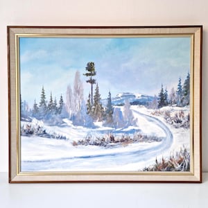 Vintage Winter Landscape Oil Painting: Signed Mountain Scene, Framed