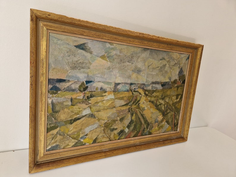 Cubist Landscape, Oil on Canvas in Frame, Listed Artist, Ready to Hang