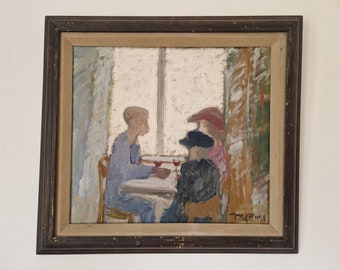 Tableau moderniste vintage - scène de café intime avec conversation animée - personnages buvant du vin - signé - encadré - idée cadeau pour amateur d'art