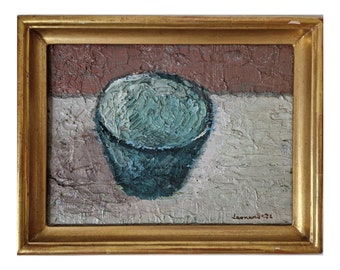 Vintage Oil Painting - Swedish Oil Painting - Still Life - Blue green bowl on table - Swedish Artist Ernst Leonard