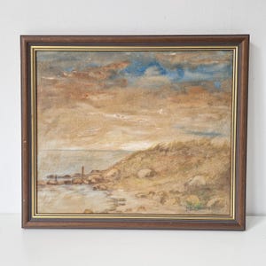 Small Seashore Oil Painting – Serene Swedish Coastal Scene with Dunes & Light | Framed Beach Art, 32.5 x 28 cm