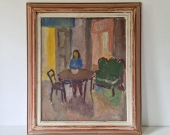 Original 1947 Swedish Modernist Portrait ‘Woman at Table’ | Signed Monogram GF | Vintage Framed Oil (59 × 51 cm) Duty free USA