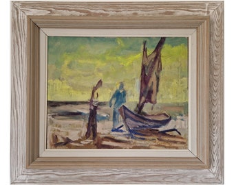 Original oil painting - Figures boats fishing boats - Modernist - Listed Swedish Artist Bertil Landelius