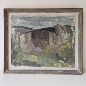 Mid-Century Abstract Landscape Painting Swedish Modernist Oil on Hardboard 39x37 cm Signed Bergpass Klövedal Duty Free USA