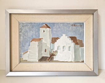 Dipinto ad olio "Architettura costiera": 18,6 x 13,6 pollici, incorniciato, originale del 1967.