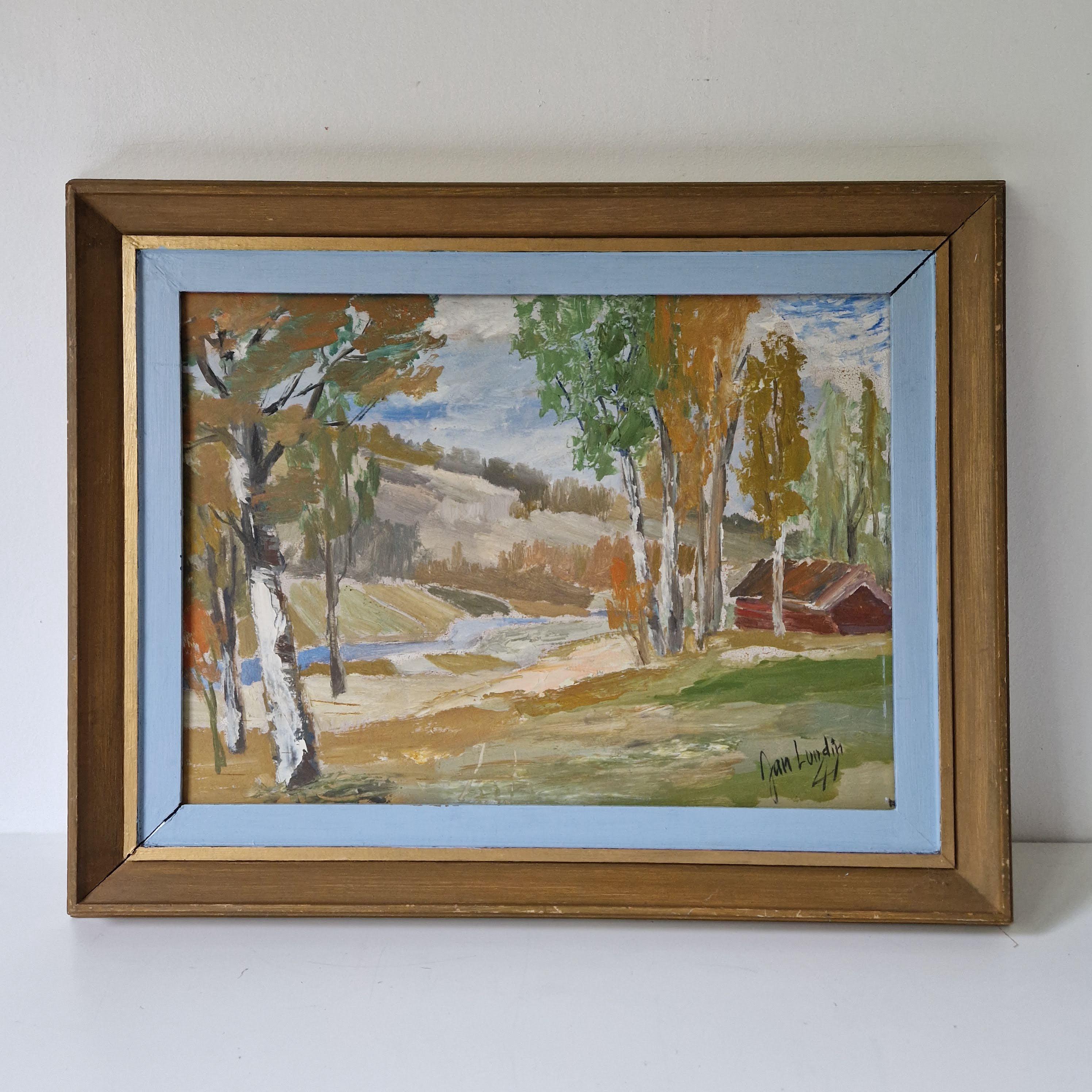 スウェーデン近代主義風景画油絵 - ヤン・ルンディン 1945年 - 額入り