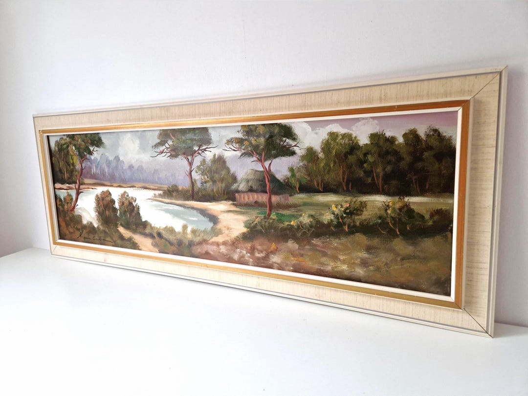 Original Forest Lake Oil Painting: Rustic Cabin Landscape Art (43.7x16 ...