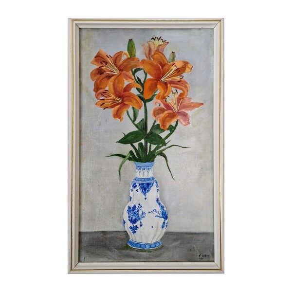 Vintage oil painting orange lilies flowers still life flower frame original orange lilies flowers, great art lovers gift