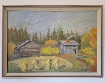 Vintage Countryside Painting - Charming Rural Scene in Elegant Frame - great cabin decoration