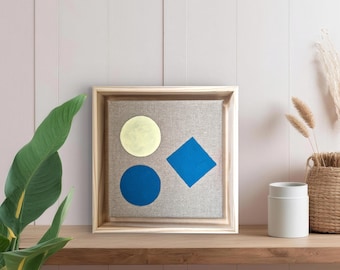 Abstract geometrisch schilderij: 9,6 x 9,6 inch, blauwe vormen op linnen, gesigneerd