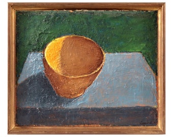 Pittura a olio vintage - Pittura a olio svedese - Natura morta - Ciotola gialla sul tavolo - Artista svedese Ernst Leonard