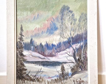 Winter Landscape Oil Painting, Swedish Snowy Lake by H. Schön, Vintage Framed Art