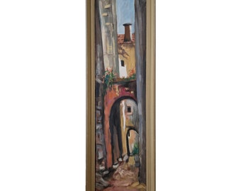 Vintage oil painting on board , Mediterranean street scene, Italy Town, Toscane City Scene, Small rectangle art