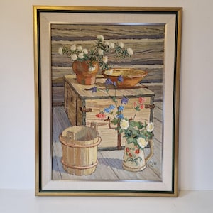 額入り花の静物油絵：ヴィンテージのカラフルな花の壁アート - Etsy 日本