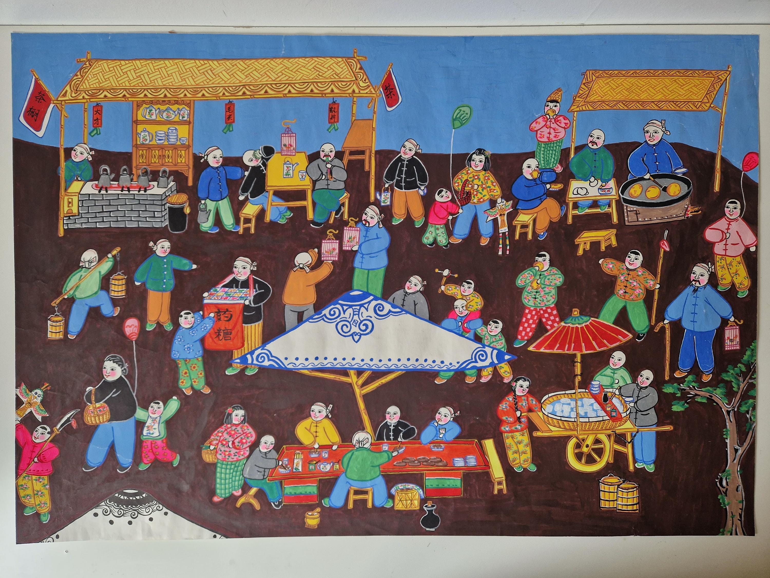 Chinese Folk Art Festival Gouache Painting: 30.3 x 20.5 in, Narrative Scene