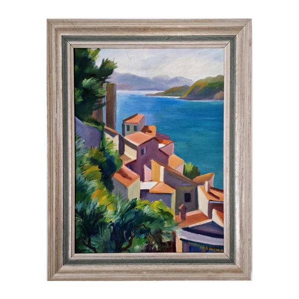 Original oil Painting - Mid Century Modern -mediterranean - Italy Village, City scene, white Houses - Ocean - Great art gift