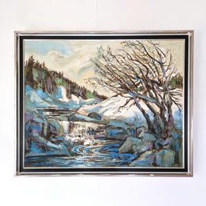 ヴィンテージ冬景色油絵：額入り山川風景（71 x 88 cm） - Etsy 日本