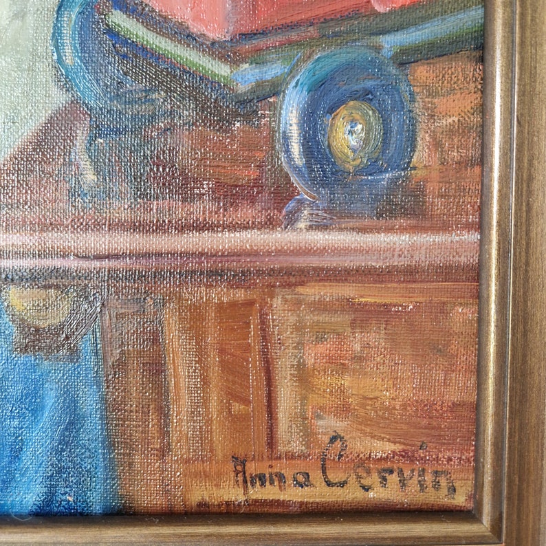 Cute Girl Original Oil Painting in Frame Portrait of a Playing Child by