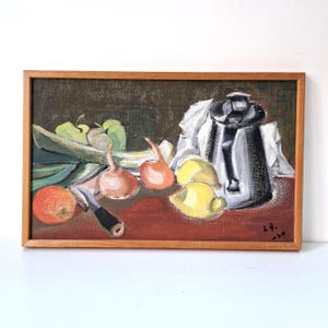 Original Still Life Oil Painting – Lemons, Coffee Pot, Knife & Veggies | Framed on Hardboard | Bold Kitchen Wall Art, 59 x 37.5 cm